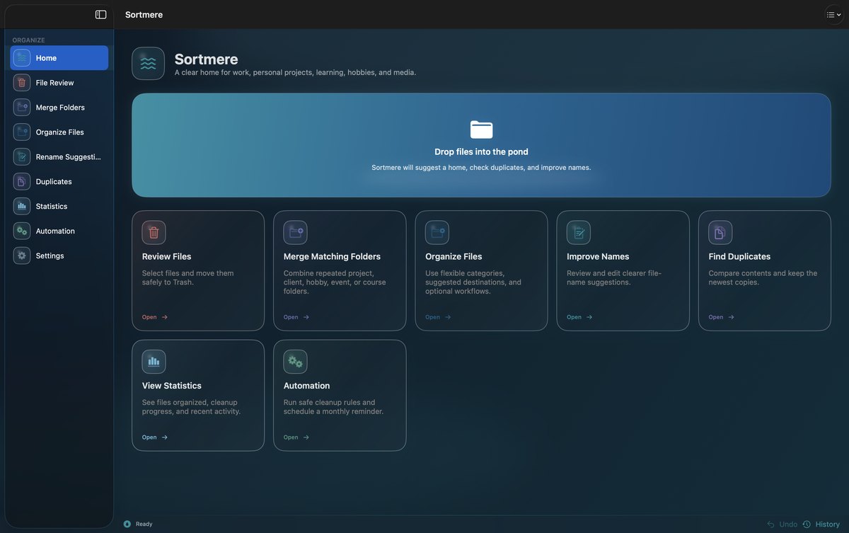 Sortmere's Home view in dark mode: a sidebar listing Home, File Review, Merge Folders, Organize Files, Rename Suggestions, Duplicates, Statistics, Automation and Settings; a large blue pond drop zone reading "Drop files into the pond"; and cards for Review Files, Merge Matching Folders, Organize Files, Improve Names, Find Duplicates, View Statistics and Automation.